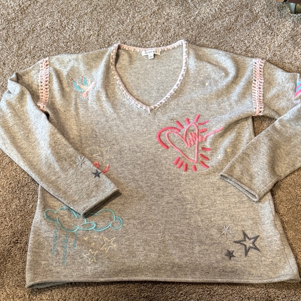 Johnny Was Gray V-Neck Sweater with Pink & Teal Embroidery